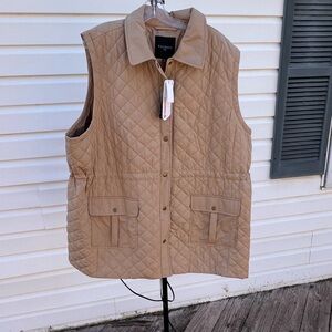 NWT Talbots Cozy Khaki Quilted Vest With Primaloft Warmth Cinch Waist